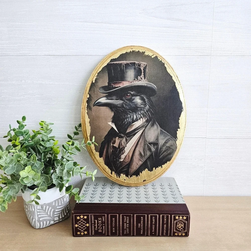 Victorian Raven Oval Plaque, Gothic Bird Art, Gold Leaf Dark Academia Decor